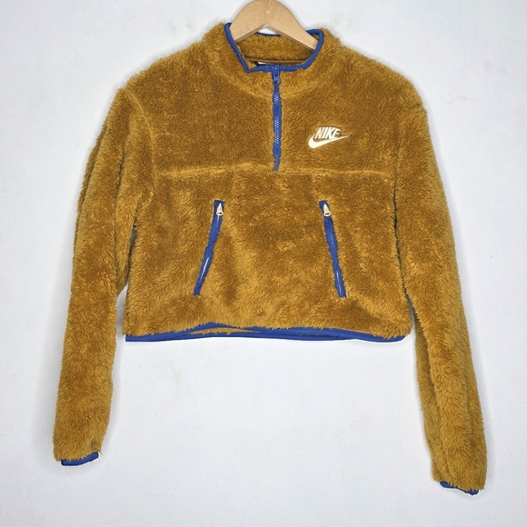 Nike Sweaters - Nike Cropped Fleece Jacket Womens Sz XS 1/4 Zip Gold Yellow Blue Sherpa Pullover